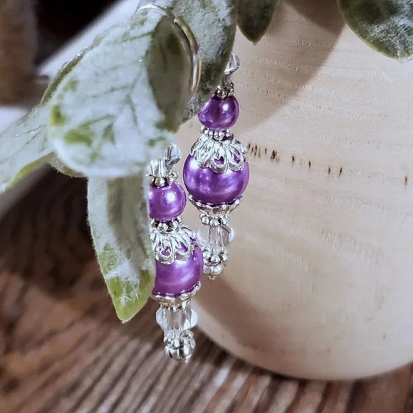 Art Nouveau Purple Glass Pearl Silver Plated Handcrafted Dangle Earrings - Picture 4 of 11